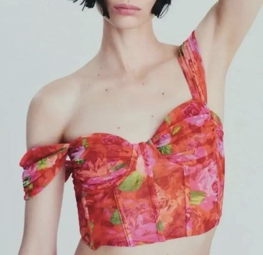 ZARA Floral Mesh Bustier Corset Top L Orange Pink Green Underwired Demi